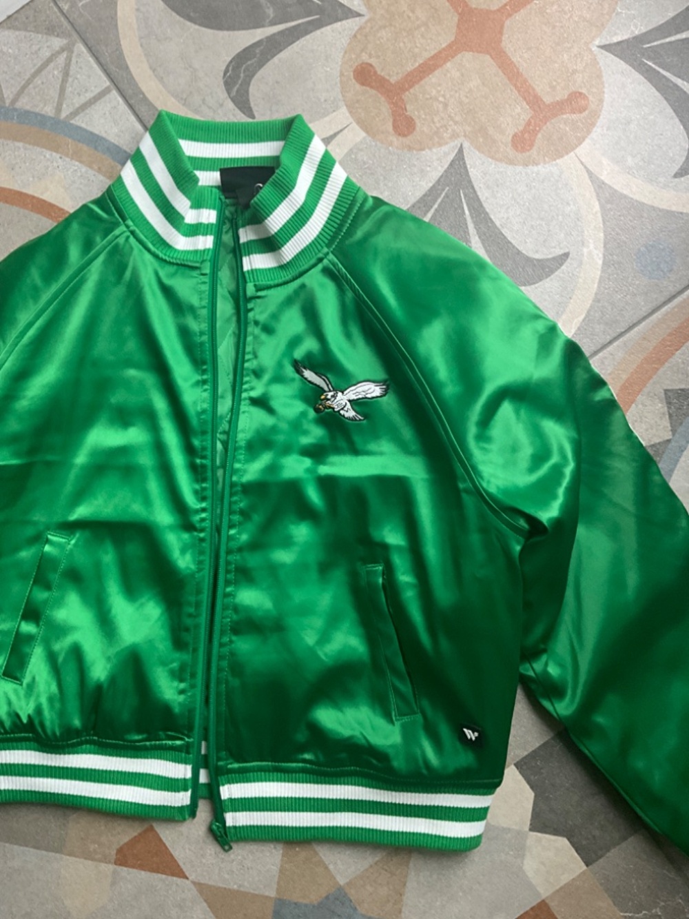The Wild Collective x Anthropologie Eagles Satin Bomber Jacket Size Small NWT - Picture 5 of 10